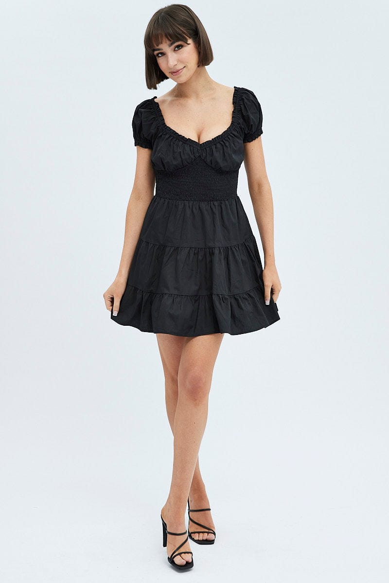 Black Fit and Flare Dress Short Sleeve Shirred for Ally Fashion