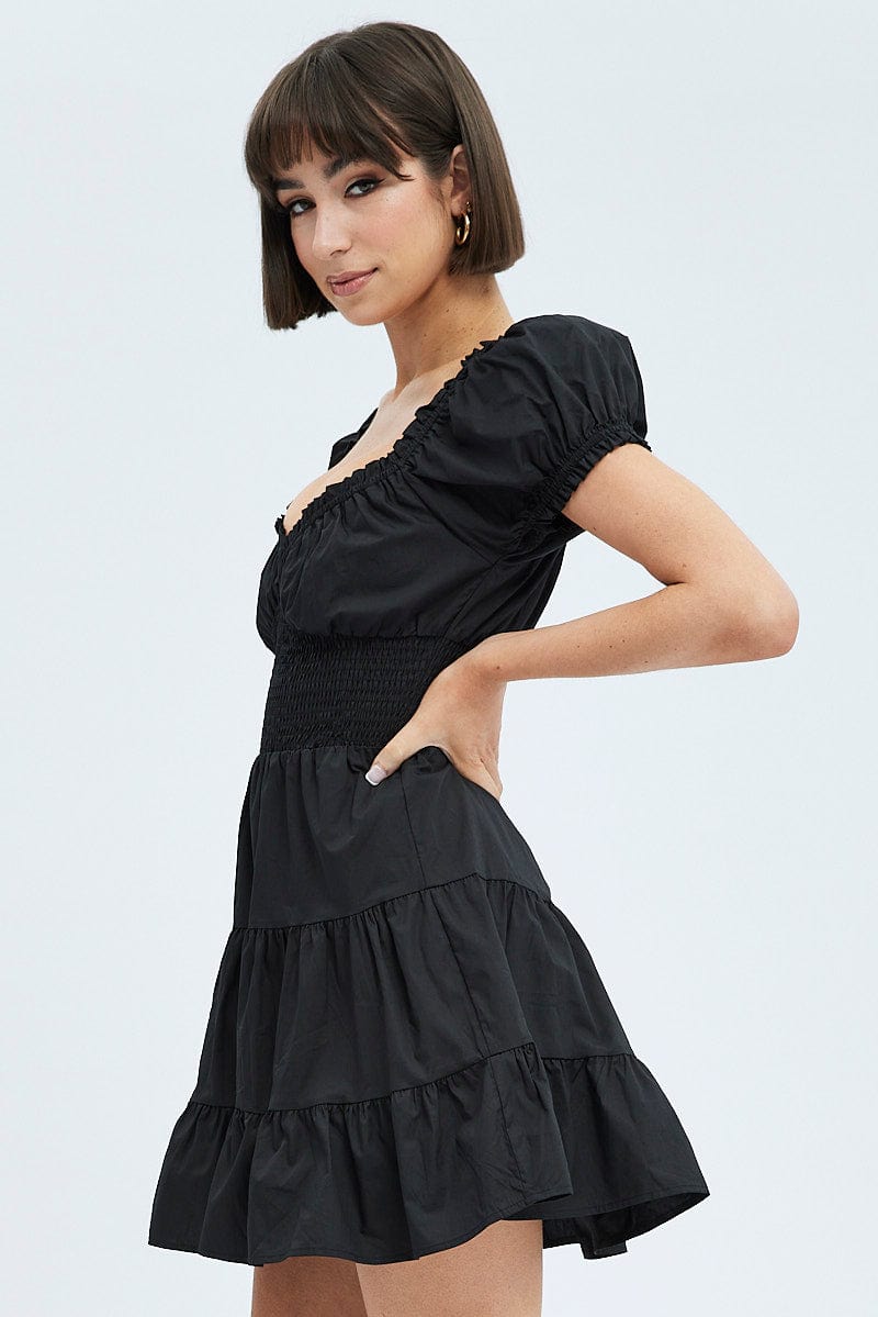 Black Fit and Flare Dress Short Sleeve Shirred for Ally Fashion