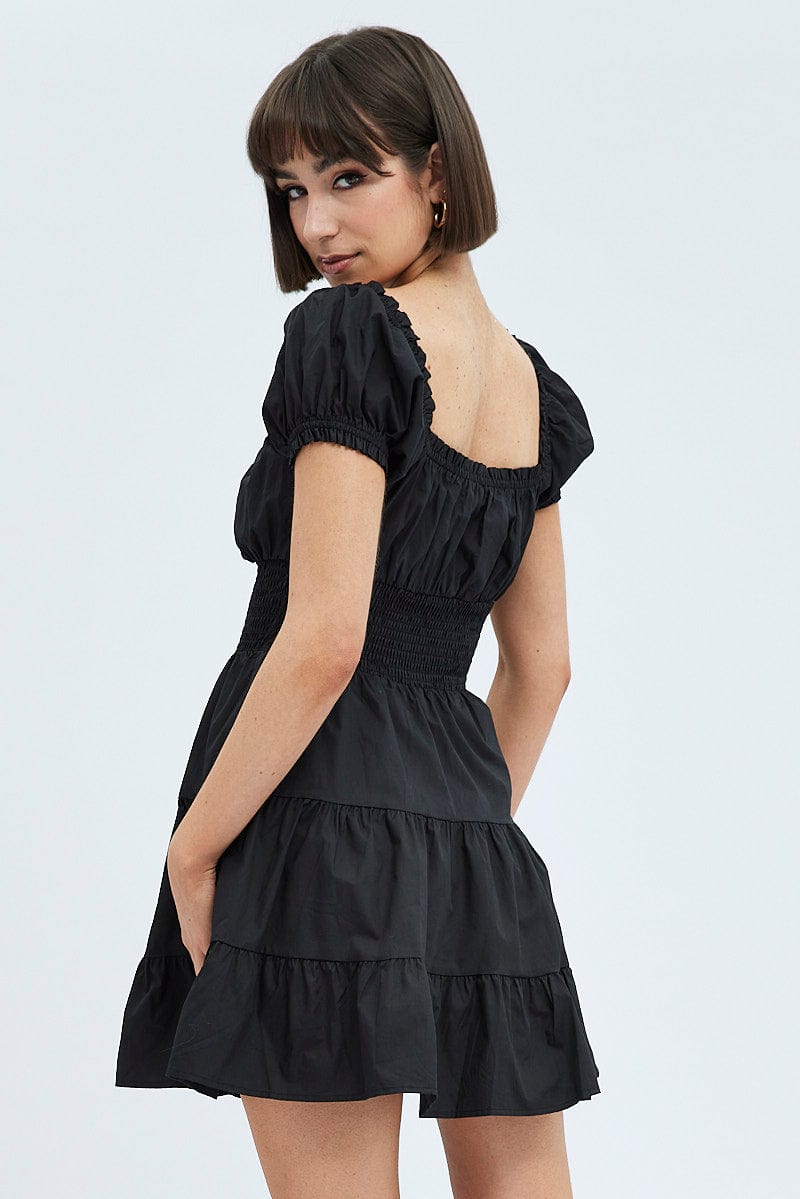 Black Fit and Flare Dress Short Sleeve Shirred for Ally Fashion