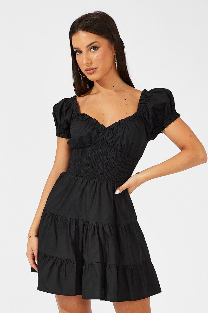 Black Fit and Flare Dress Short Sleeve Shirred Waist for Ally Fashion