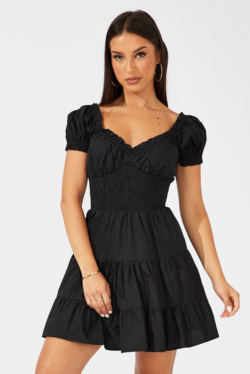 Black Fit and Flare Dress Short Sleeve Shirred Waist for Ally Fashion