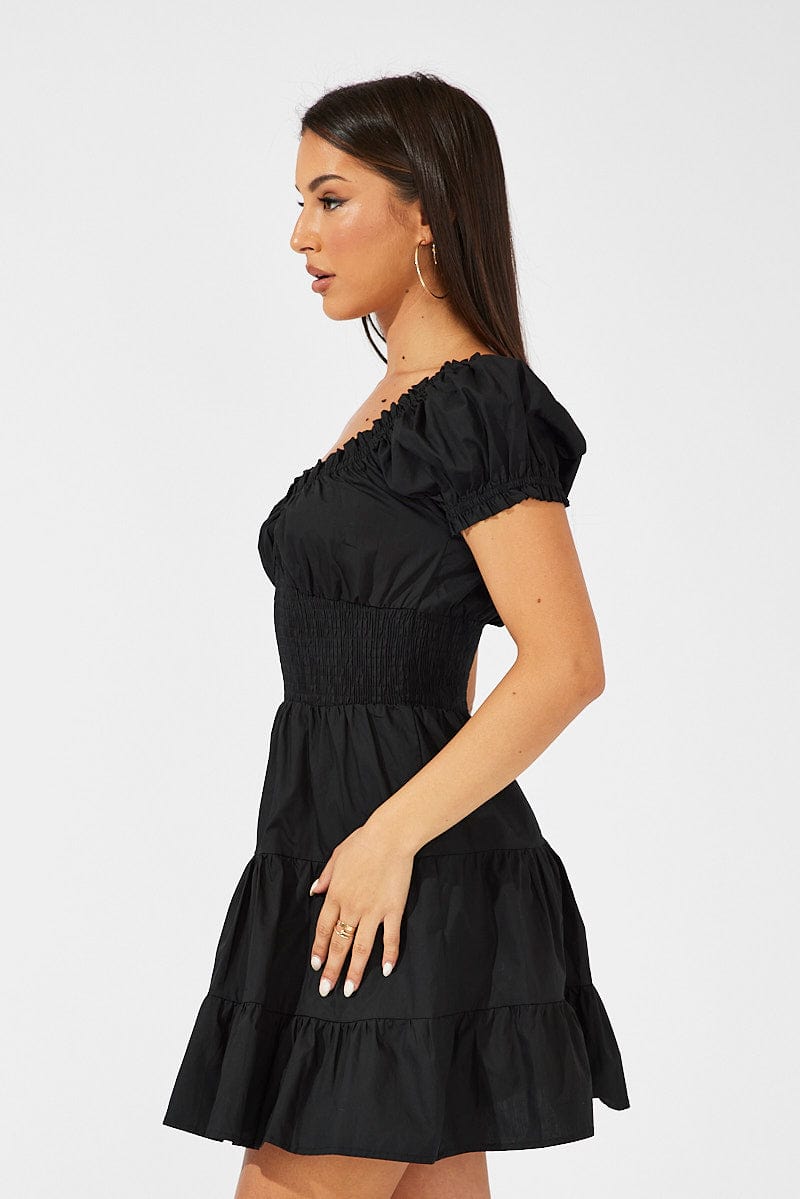 Black Fit and Flare Dress Short Sleeve Shirred Waist for Ally Fashion