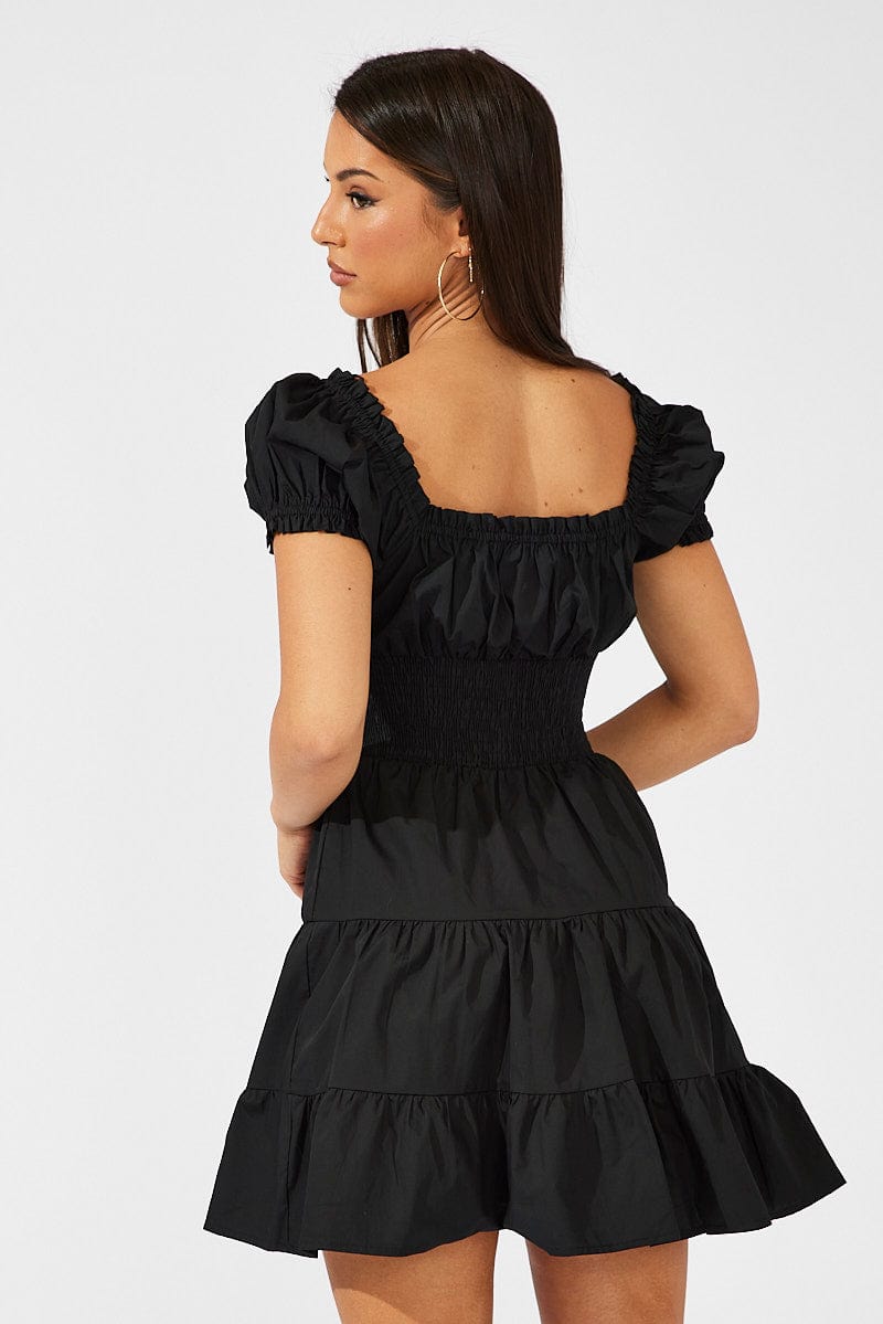 Black Fit and Flare Dress Short Sleeve Shirred Waist for Ally Fashion