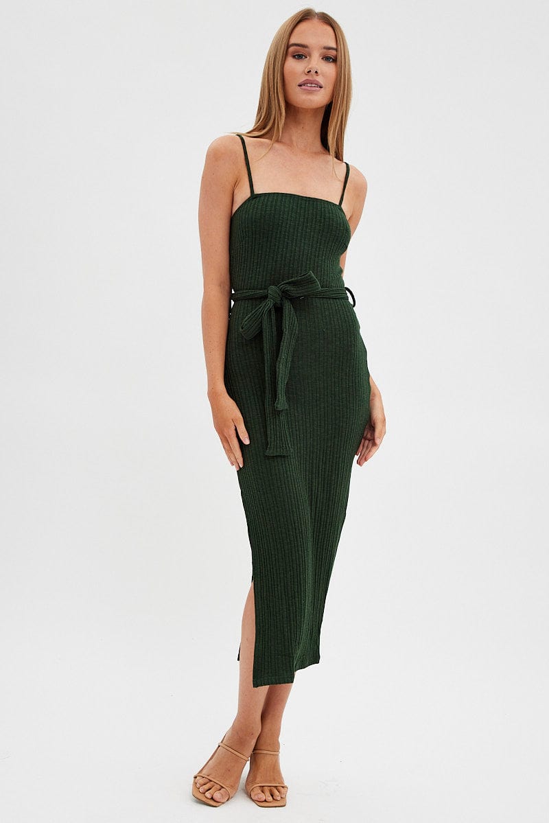 Green Maxi Dress Bodycon Tie Belted Rib for Ally Fashion