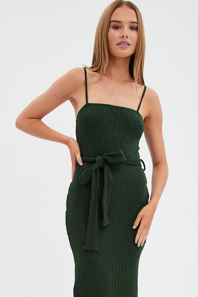 Green Maxi Dress Bodycon Tie Belted Rib for Ally Fashion