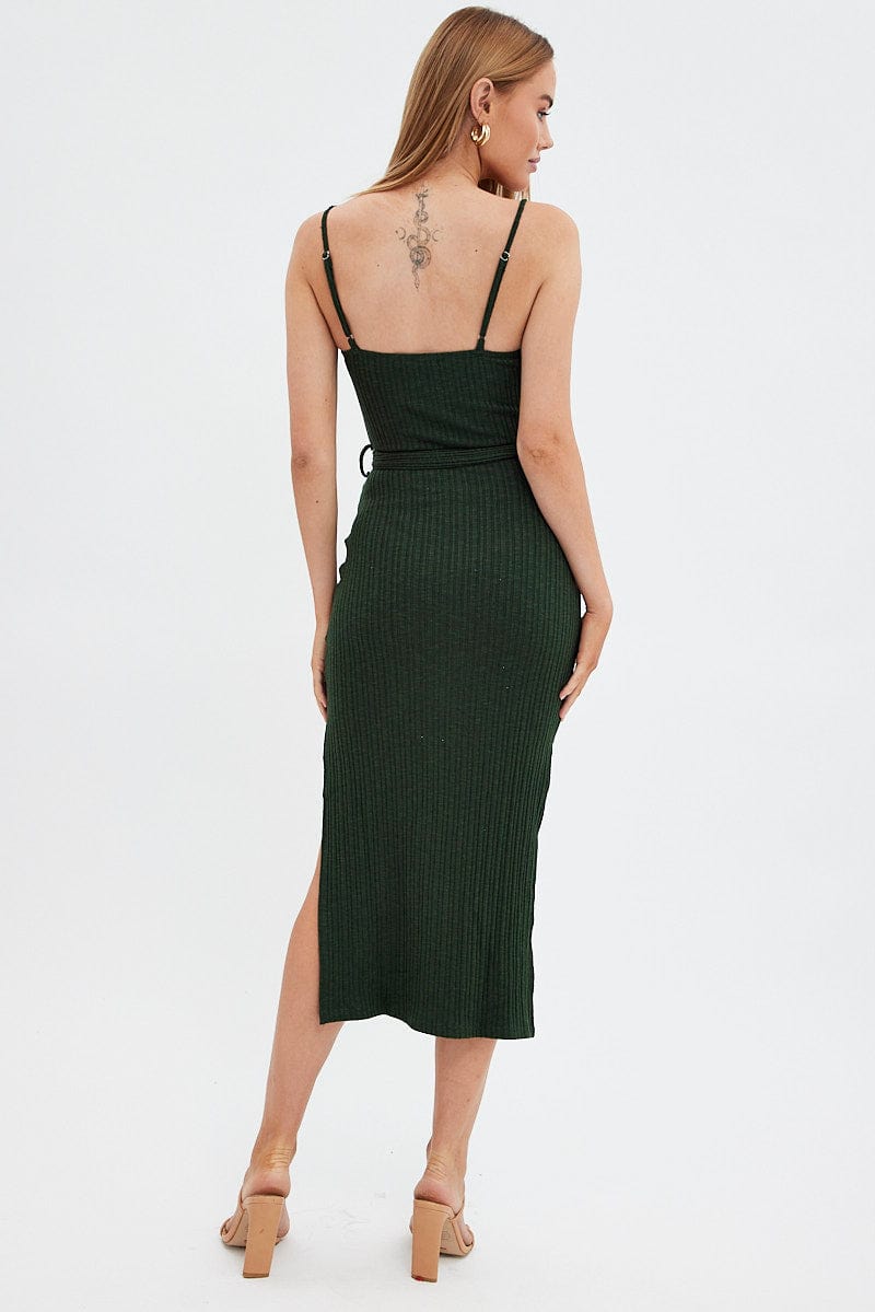 Green Maxi Dress Bodycon Tie Belted Rib for Ally Fashion