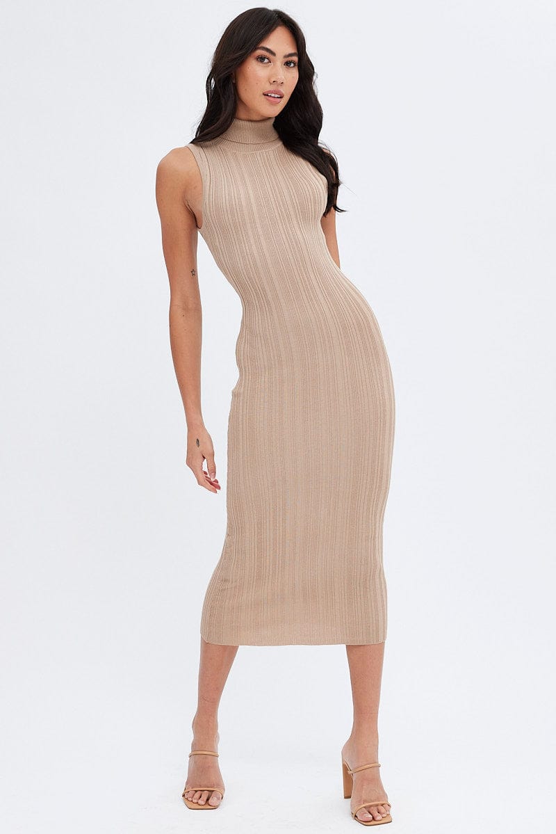 Beige Midi Dress Turtle Neck Bodycon Knitted Rib for Ally Fashion