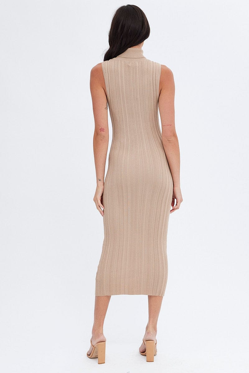 Beige Midi Dress Turtle Neck Bodycon Knitted Rib for Ally Fashion