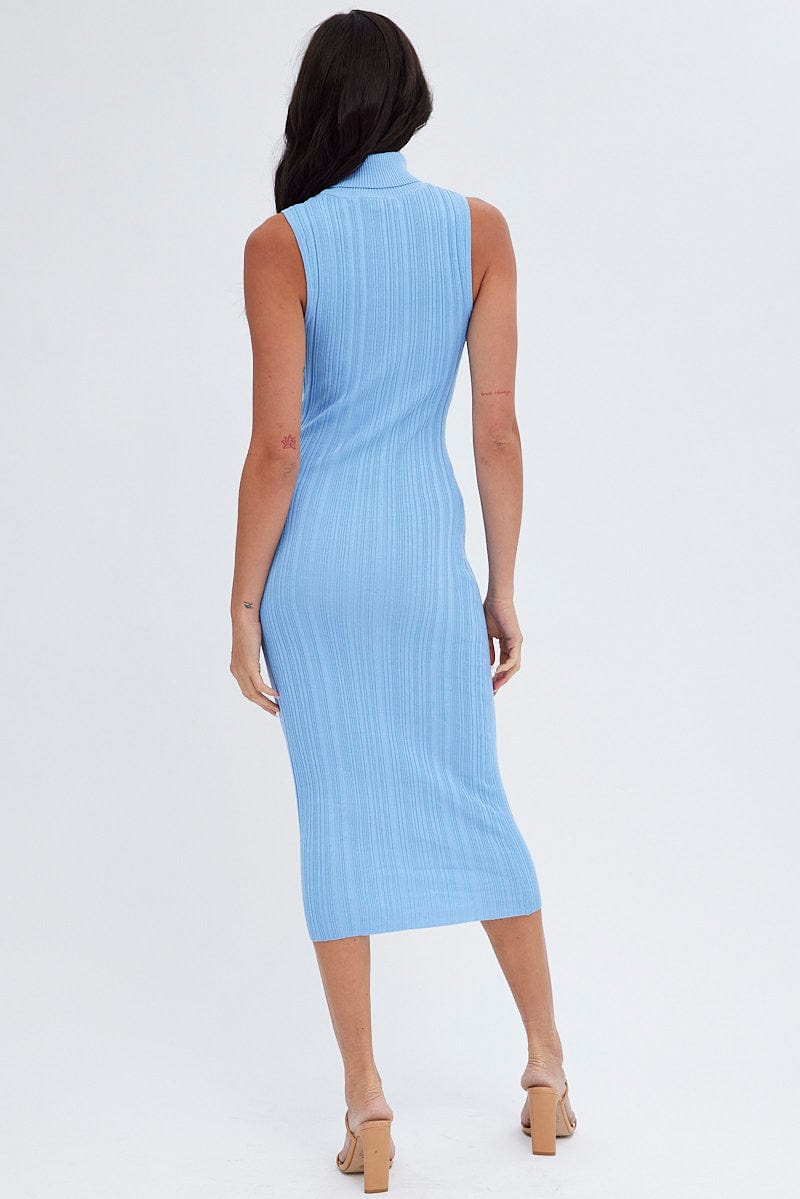 Blue Midi Dress Turtle Neck Bodycon Knitted Rib for Ally Fashion