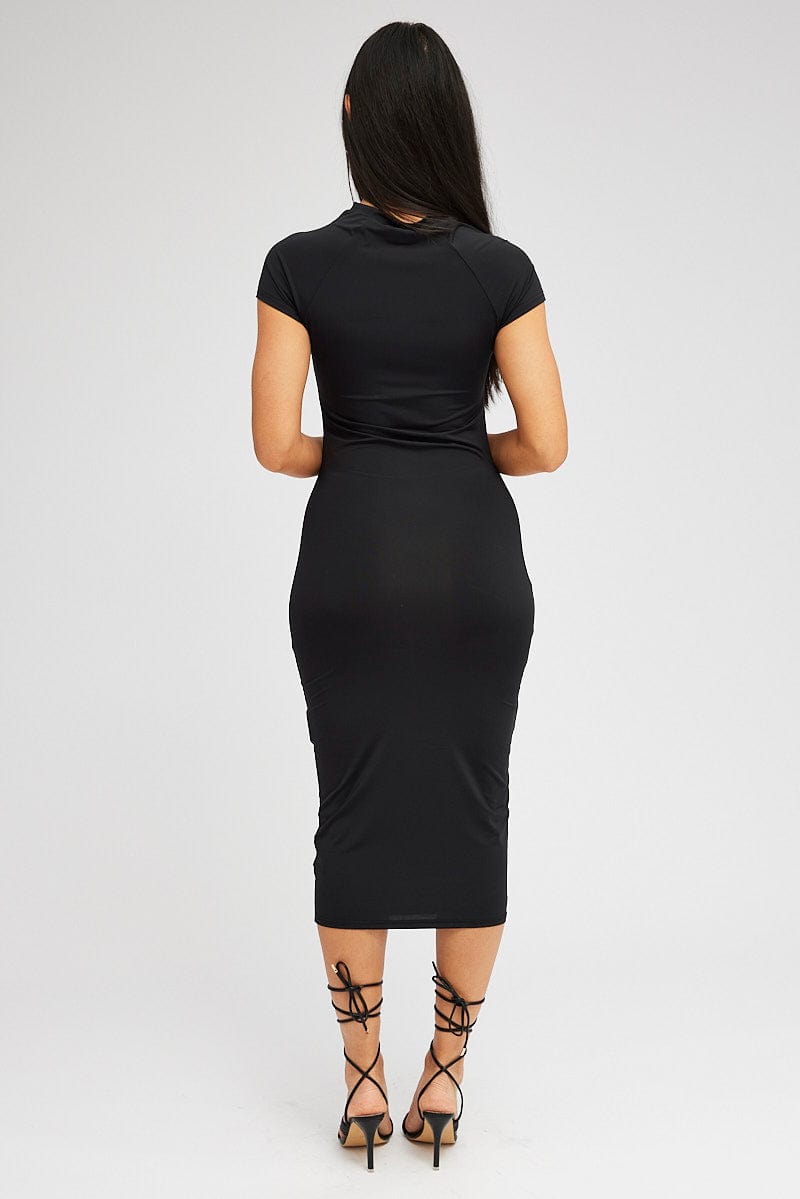 Black Midi Dress Short Sleeve Crew Neck Bodycon Graphic for Ally Fashion