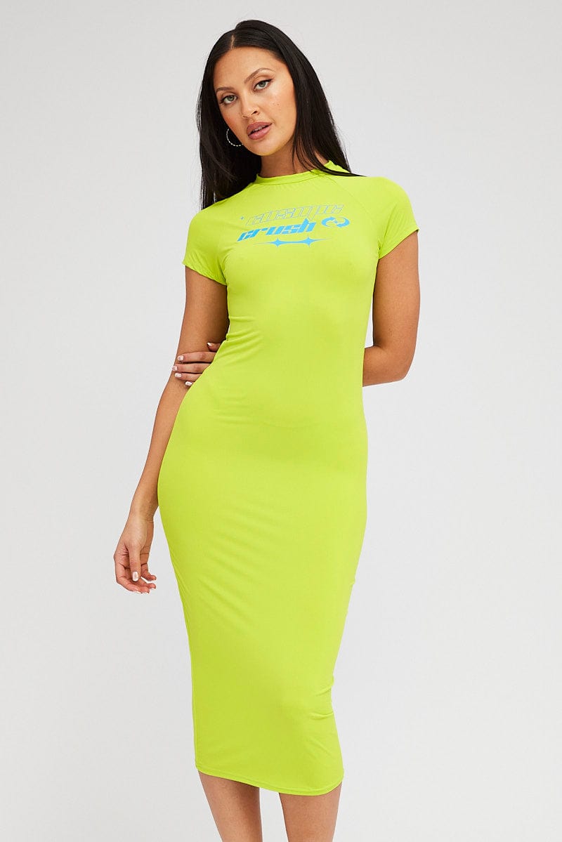 Green Midi Dress Short Sleeve Crew Neck Bodycon Graphic for Ally Fashion