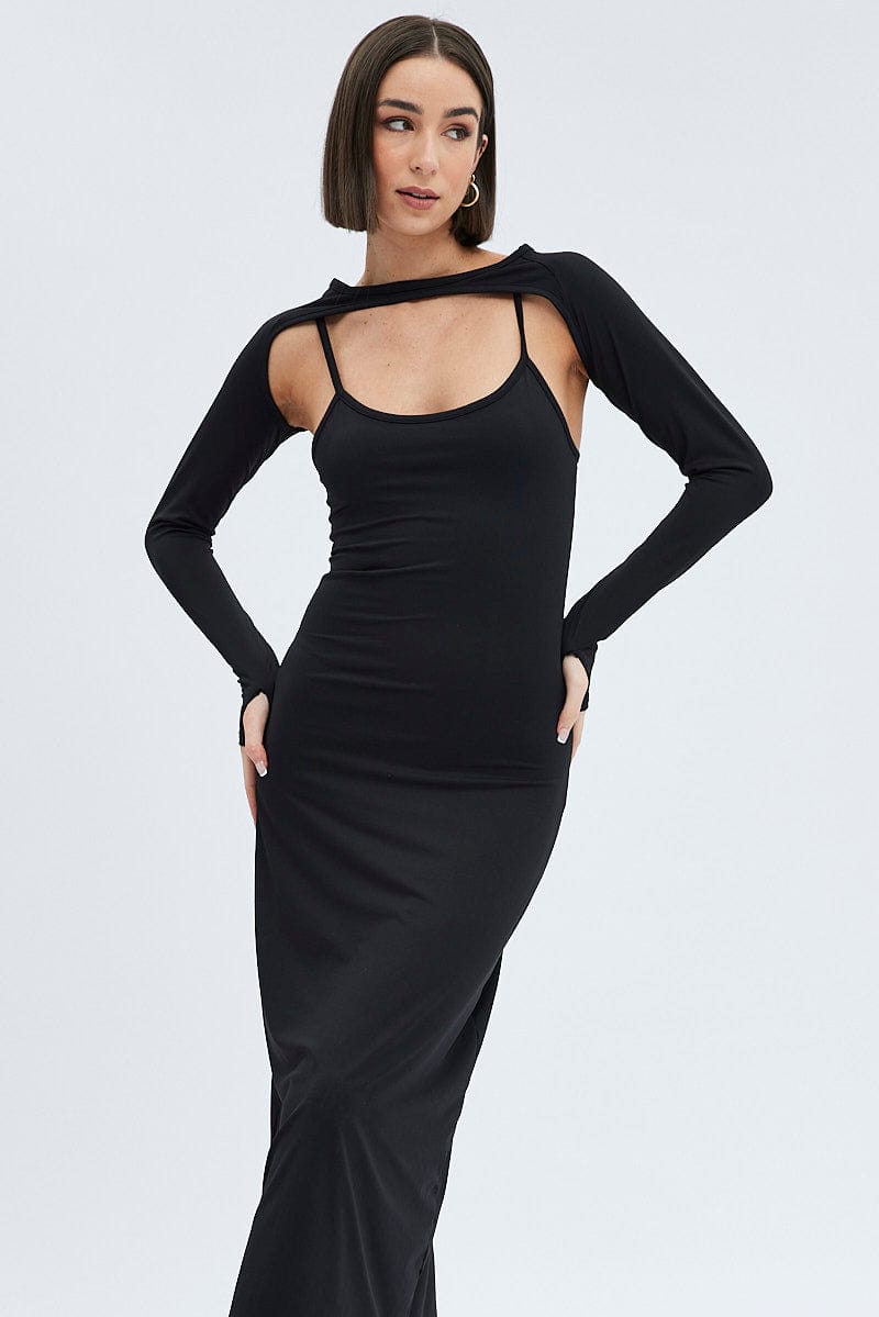Black Shrug & Dress Set Long Sleeve Maxi Bodycon Jersey for Ally Fashion