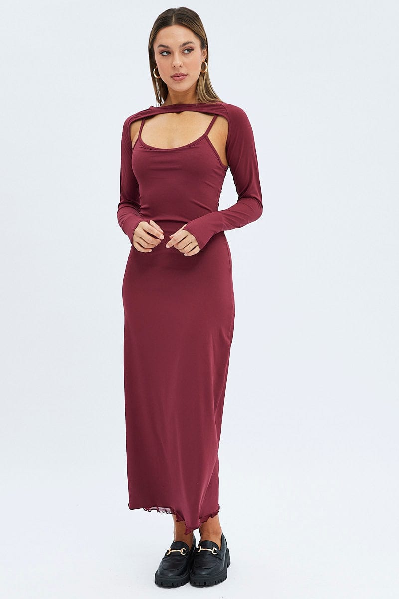 Red Shrug & Dress Set Long Sleeve Maxi Bodycon Jersey for Ally Fashion