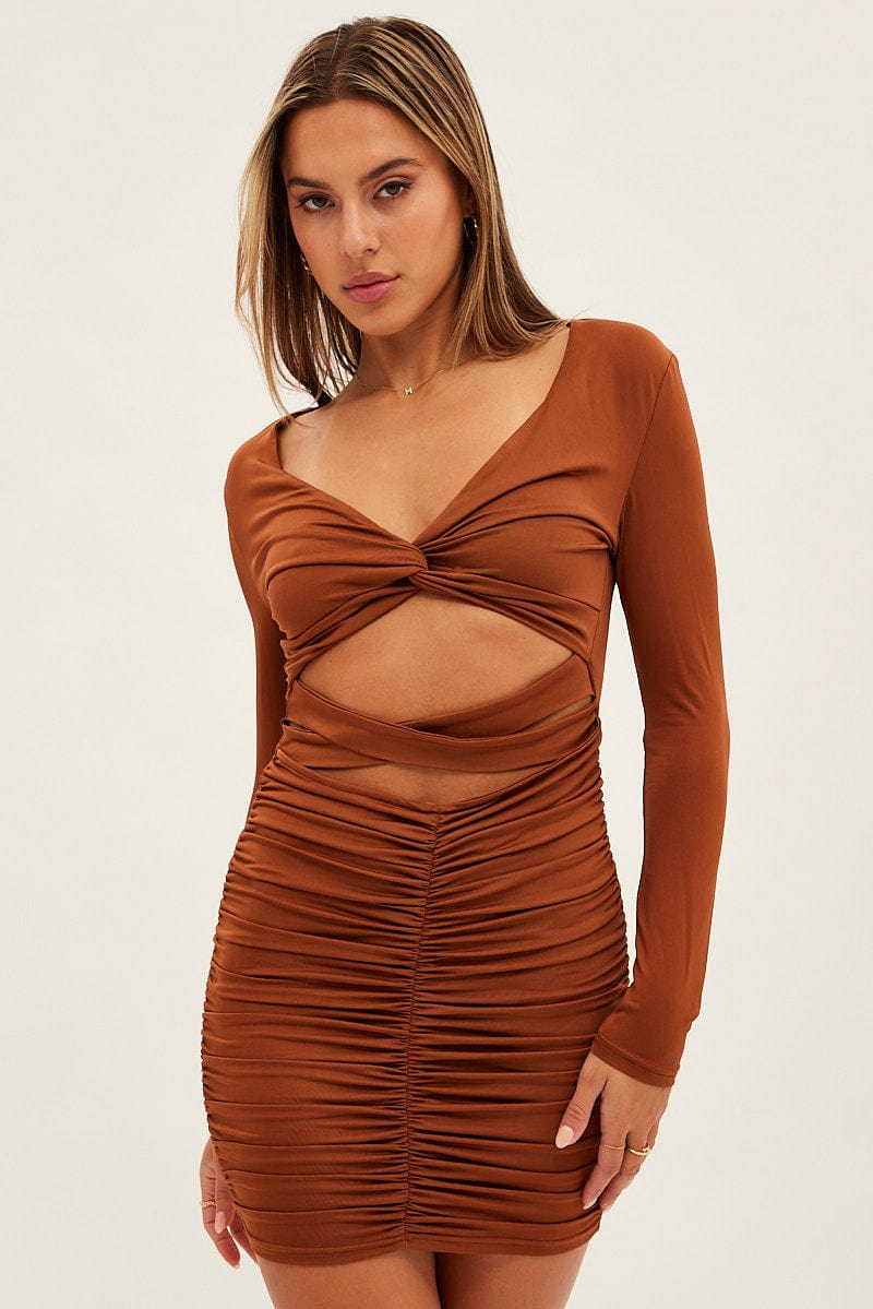 Brown Twist Front Ruched Bodycon Dress for Ally Fashion