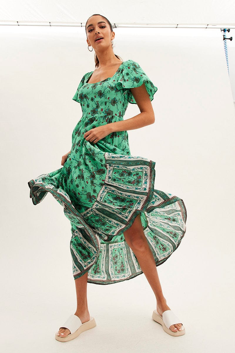 Green Boho Maxi Dress Square Neck Short Sleeve for Ally Fashion