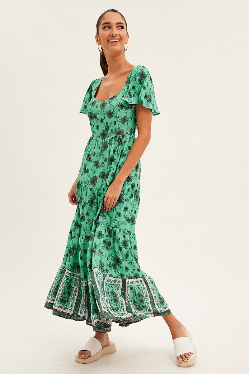Green Boho Maxi Dress Square Neck Short Sleeve for Ally Fashion