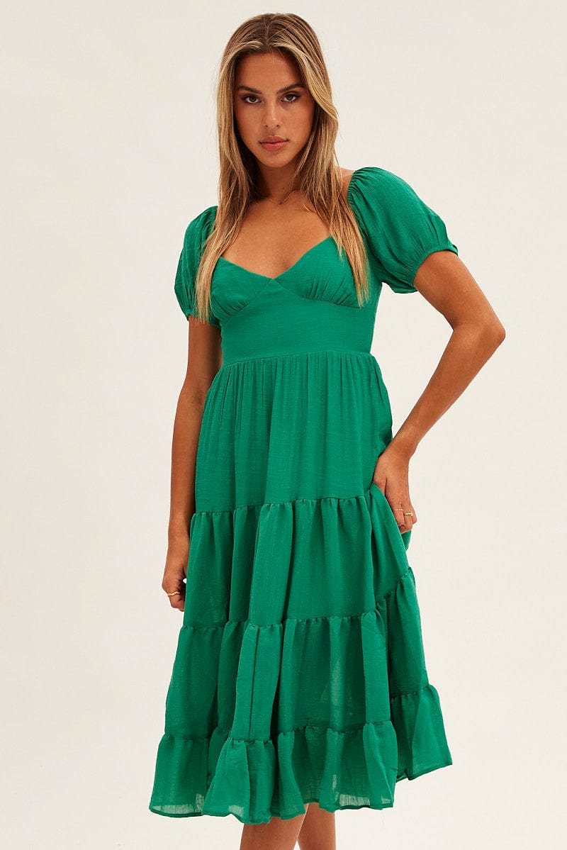 Green Midi Dress Short Sleeve V-Neck for Ally Fashion