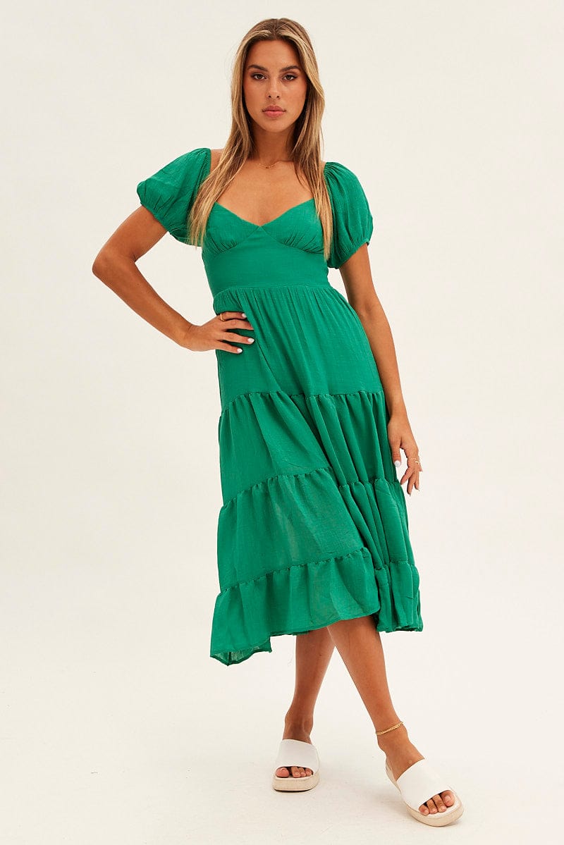 Green Midi Dress Short Sleeve V-Neck for Ally Fashion