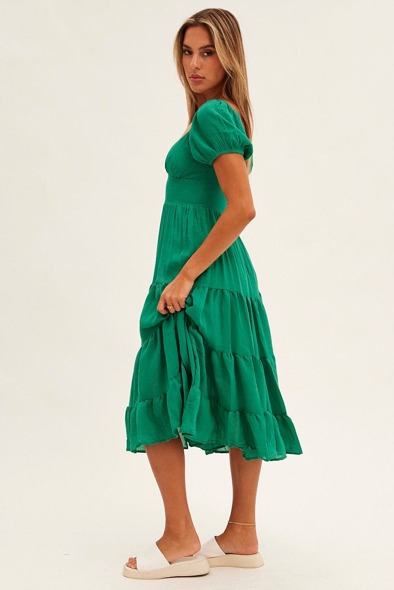 Green Midi Dress Short Sleeve V-Neck for Ally Fashion