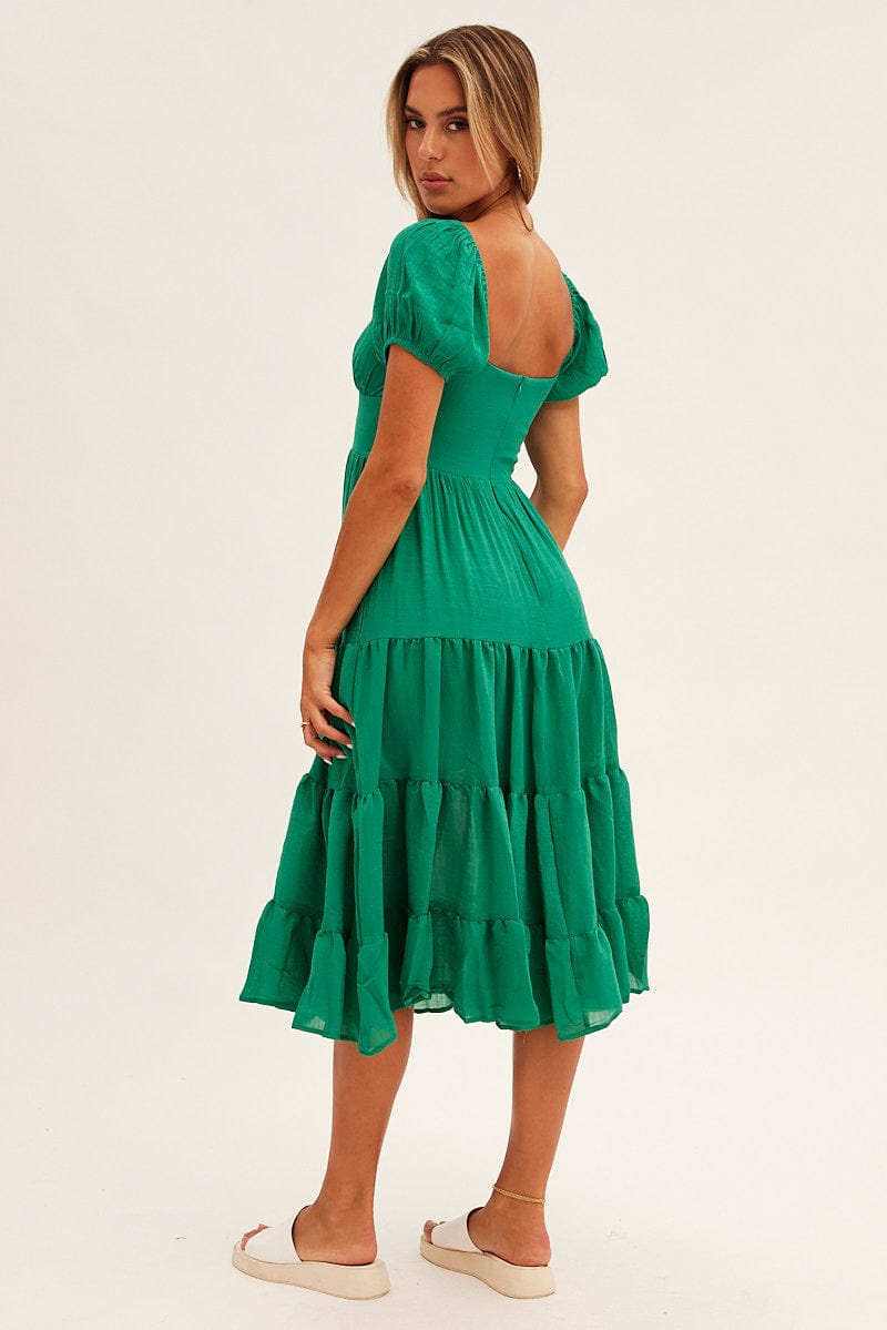 Green Midi Dress Short Sleeve V-Neck for Ally Fashion