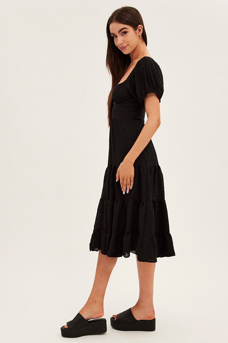 Black Midi Dress Short Sleeve V-Neck for Ally Fashion