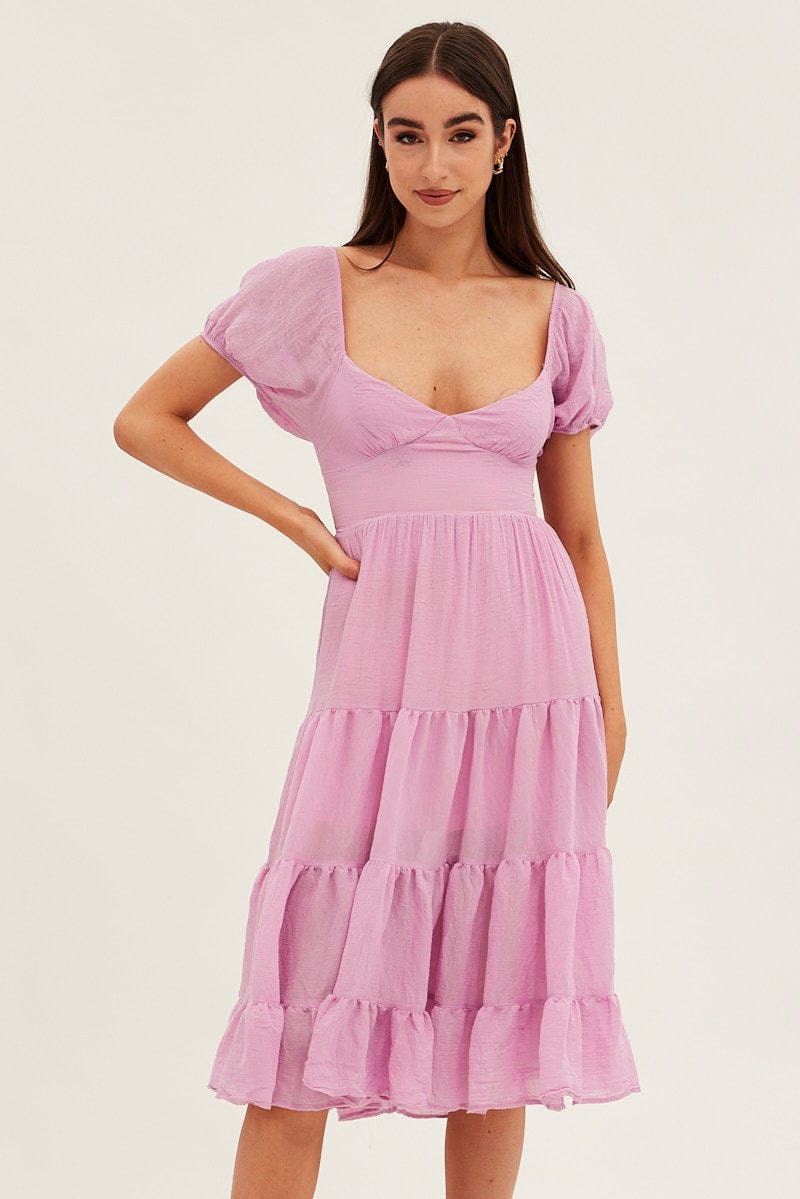 Pink Midi Dress Short Sleeve V-Neck for Ally Fashion