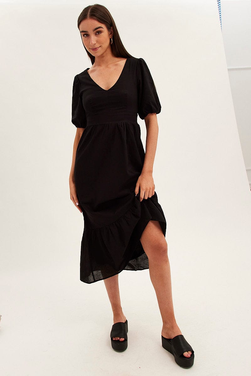 Black Maxi Dress V-Neck Short Sleeve Cotton Blend for Ally Fashion