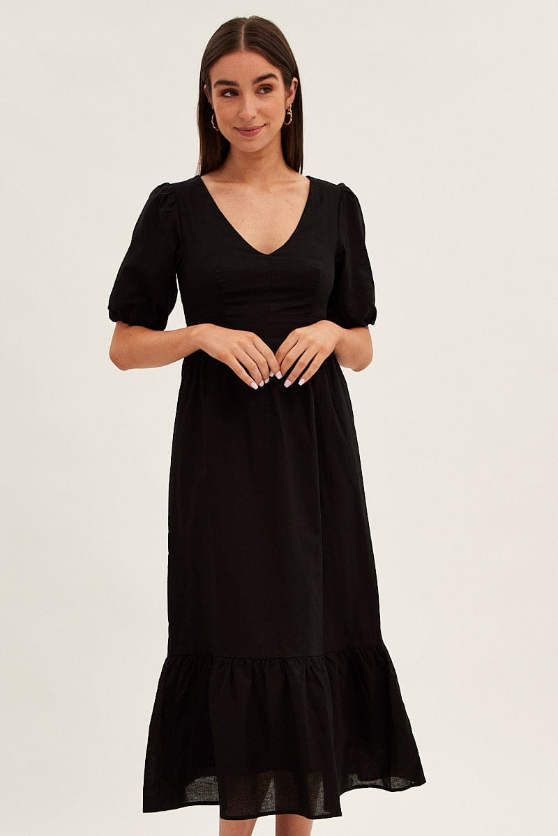 Black Maxi Dress V-Neck Short Sleeve Cotton Blend for Ally Fashion