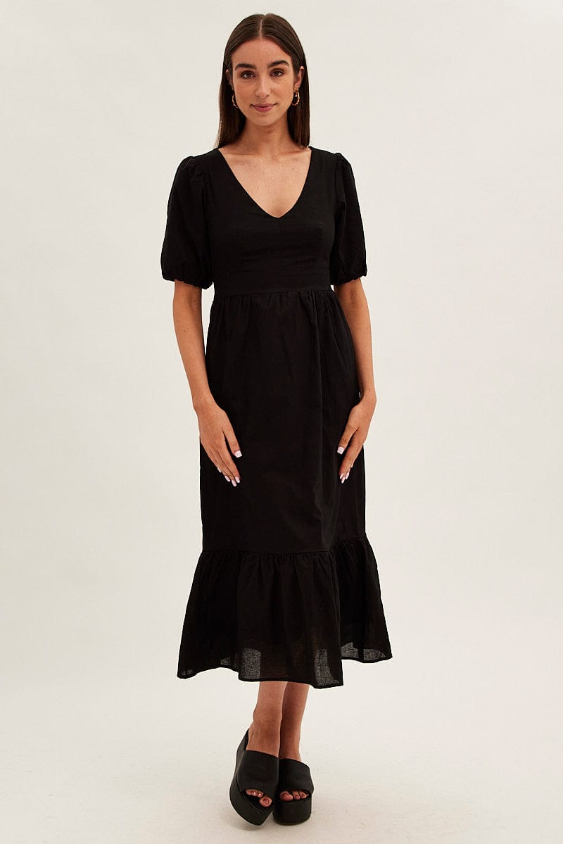 Black Maxi Dress V-Neck Short Sleeve Cotton Blend for Ally Fashion