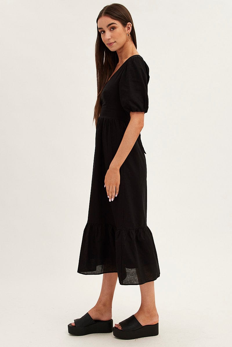 Black Maxi Dress V-Neck Short Sleeve Cotton Blend for Ally Fashion