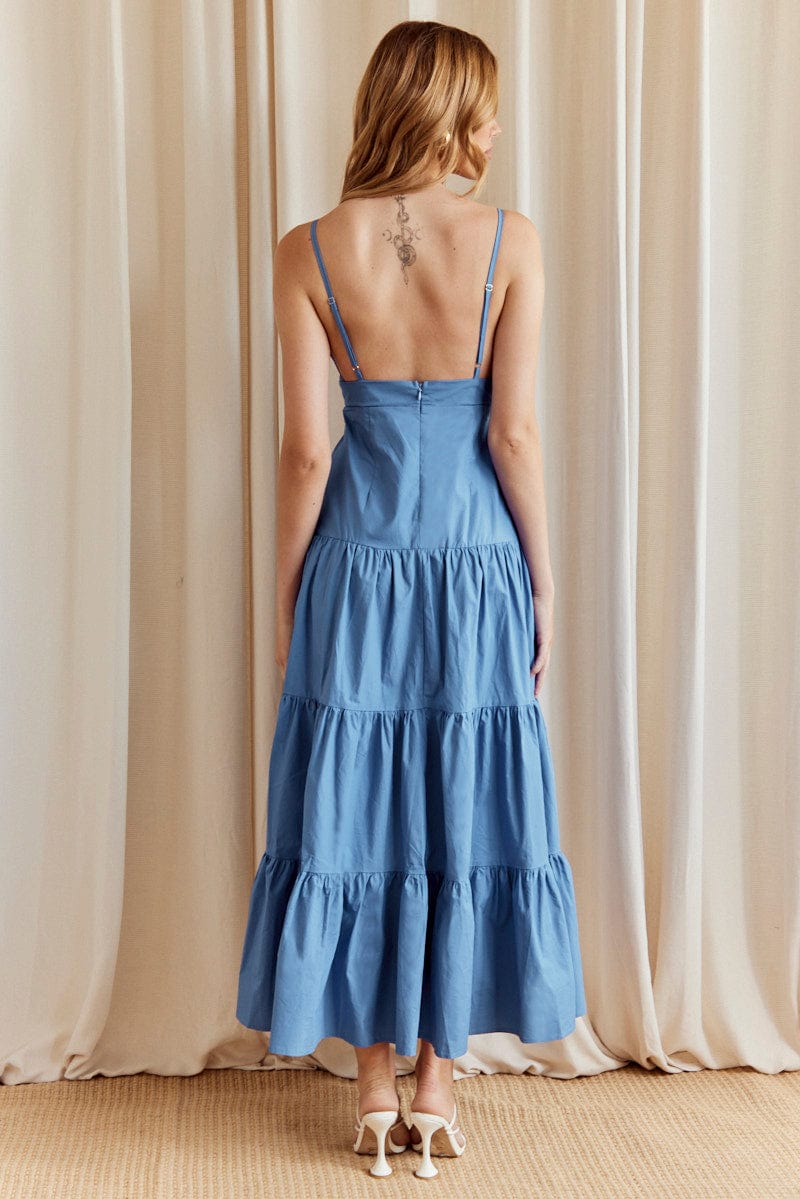 Women's Blue Maxi Dress V-Neck Sleeveless Poplin | Ally Fashion Women's Blue Maxi Dress V-Neck Sleeveless Poplin | Ally Fashion