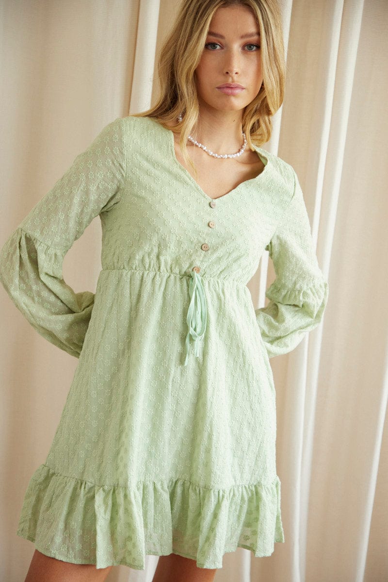 Green Mini Dress Long Sleeve for Ally Fashion
