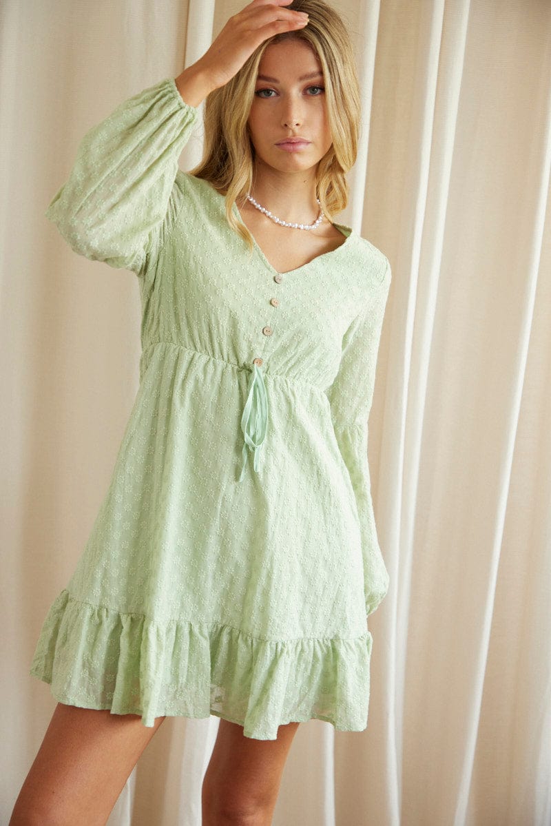 Green Mini Dress Long Sleeve for Ally Fashion