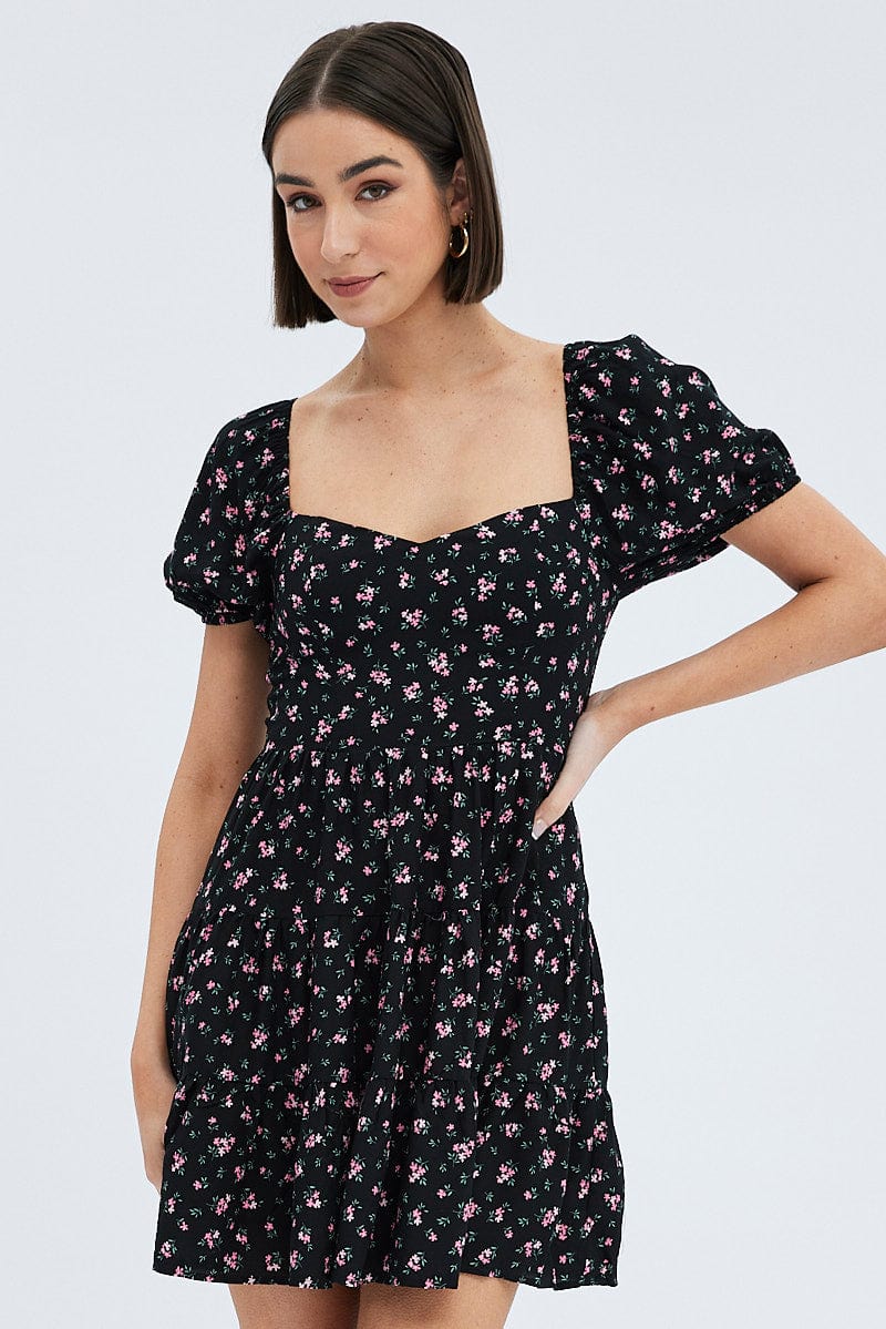 Black Floral Fit And Flare Dress Puff Sleeve Mini for Ally Fashion