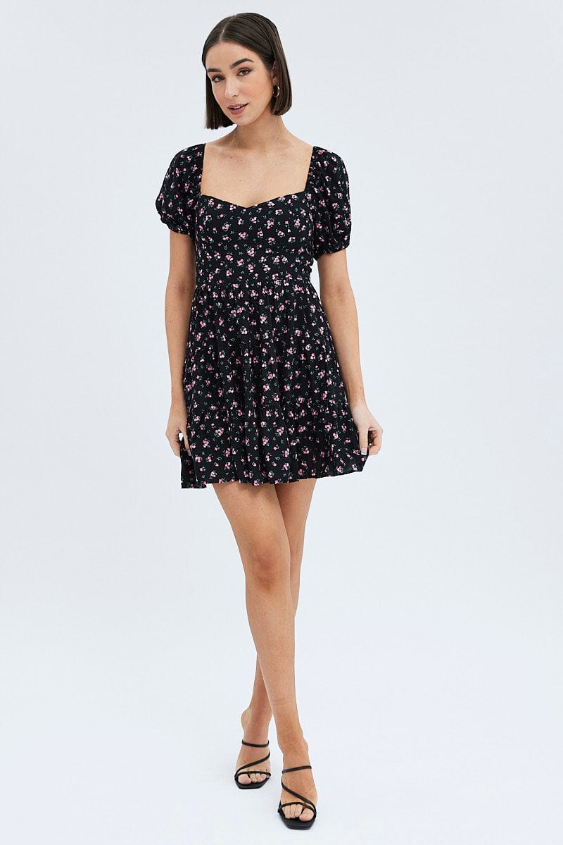 Black Floral Fit And Flare Dress Puff Sleeve Mini for Ally Fashion