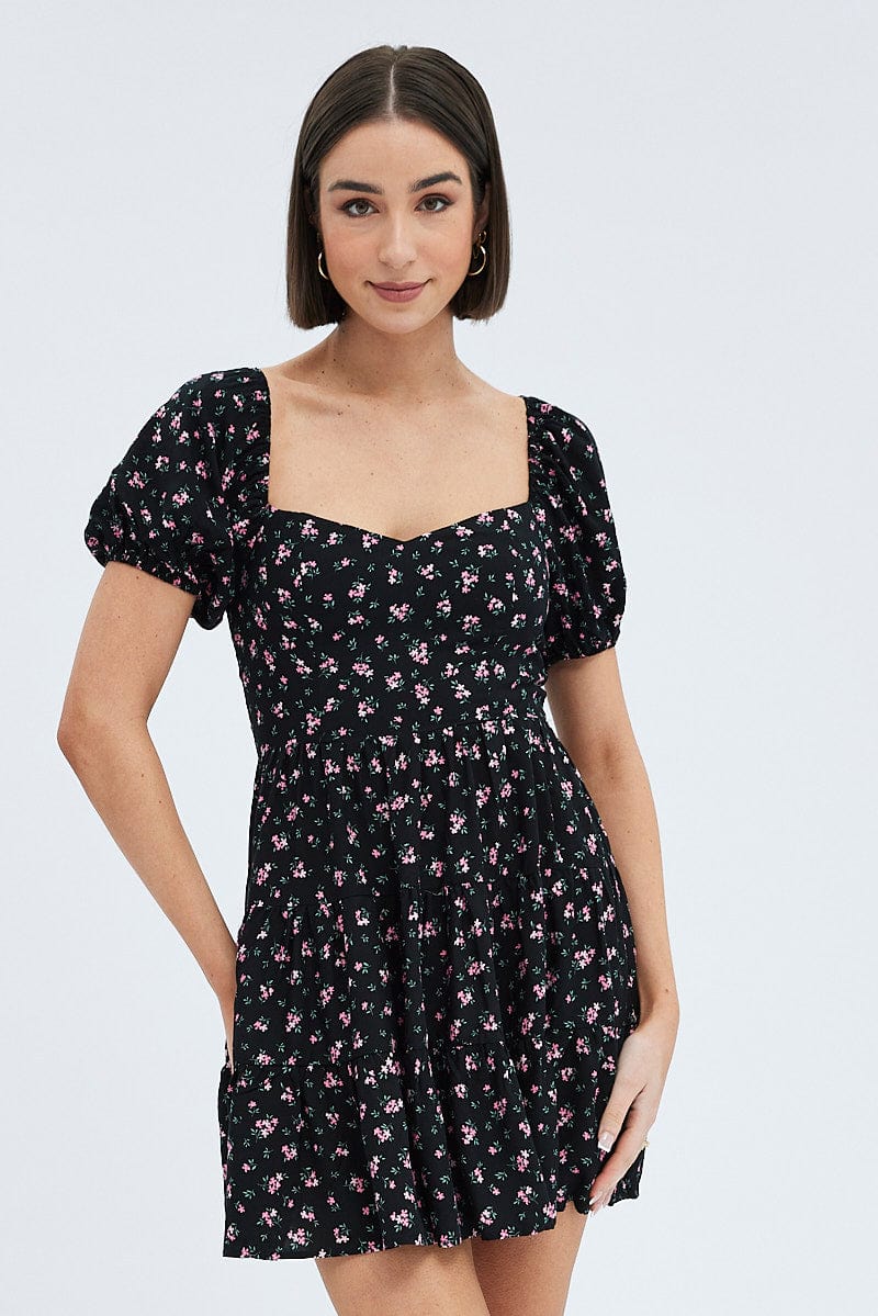 Black Floral Fit And Flare Dress Puff Sleeve Mini for Ally Fashion