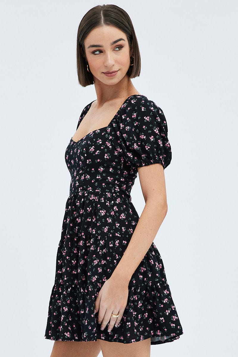 Black Floral Fit And Flare Dress Puff Sleeve Mini for Ally Fashion