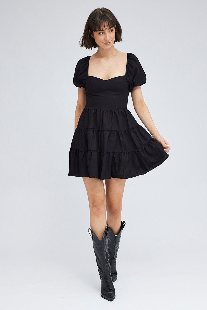 Black Fit And Flare Dress Puff Sleeve Mini for Ally Fashion