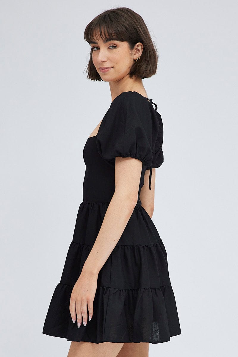 Black Fit And Flare Dress Puff Sleeve Mini for Ally Fashion