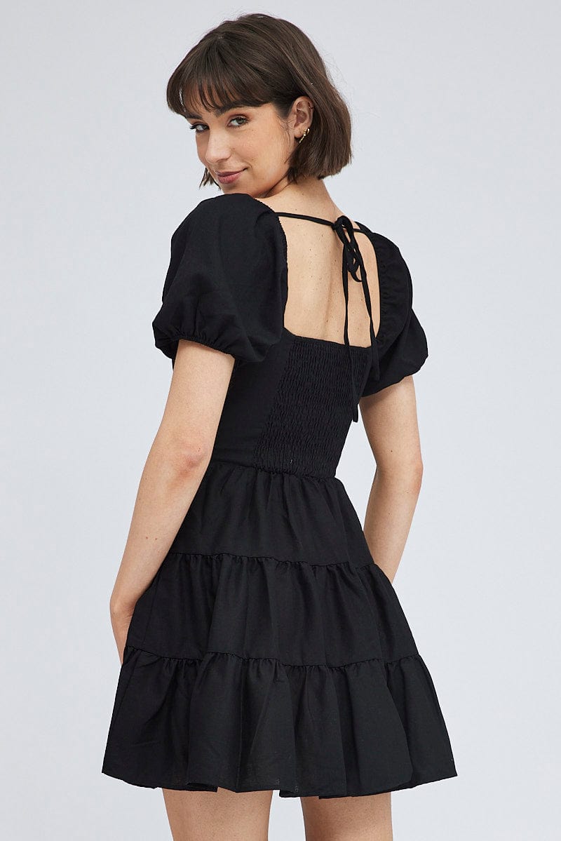 Black Fit And Flare Dress Puff Sleeve Mini for Ally Fashion