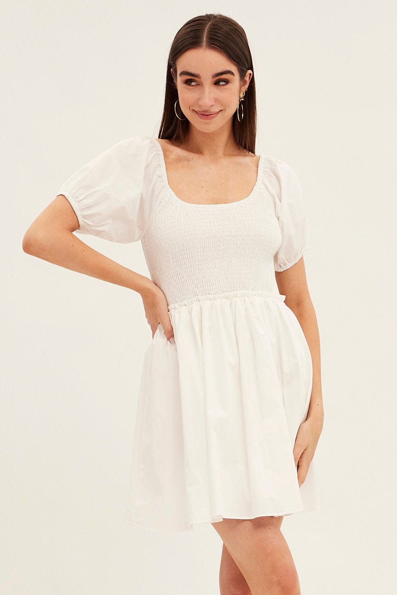 White Fit And Flare Dress Puff Sleeve Mini Poplin for Ally Fashion