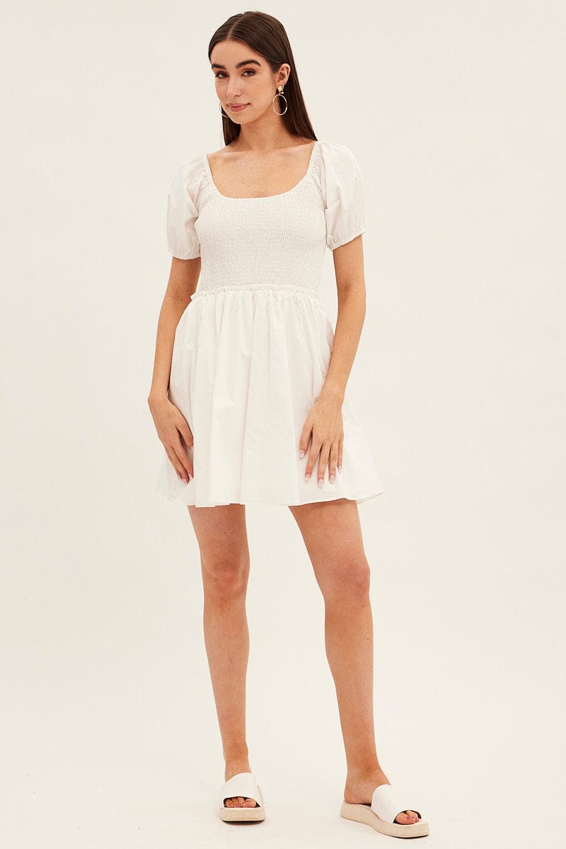 White Fit And Flare Dress Puff Sleeve Mini Poplin for Ally Fashion