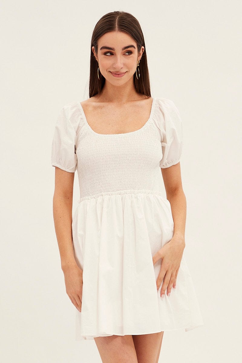 White Fit And Flare Dress Puff Sleeve Mini Poplin for Ally Fashion