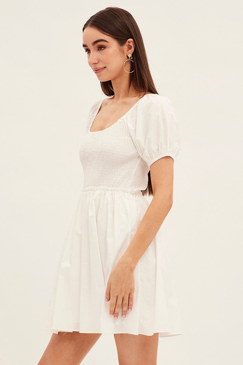 White Fit And Flare Dress Puff Sleeve Mini Poplin for Ally Fashion