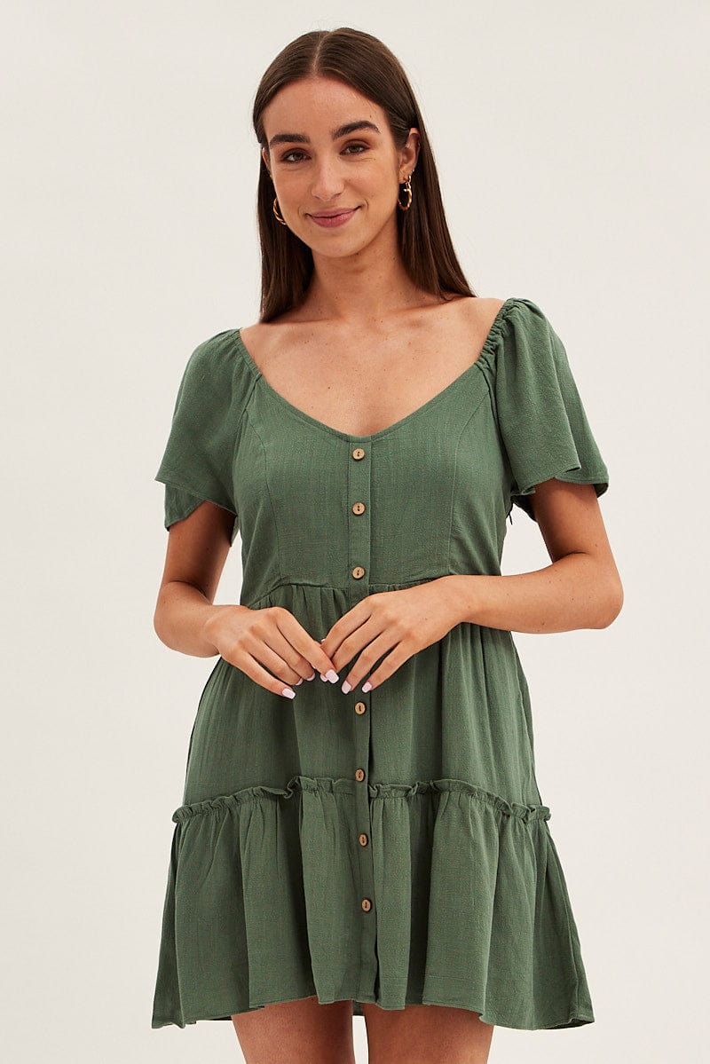 Green Dress Square Neck Short Sleeve Tiered Button Front for Ally Fashion