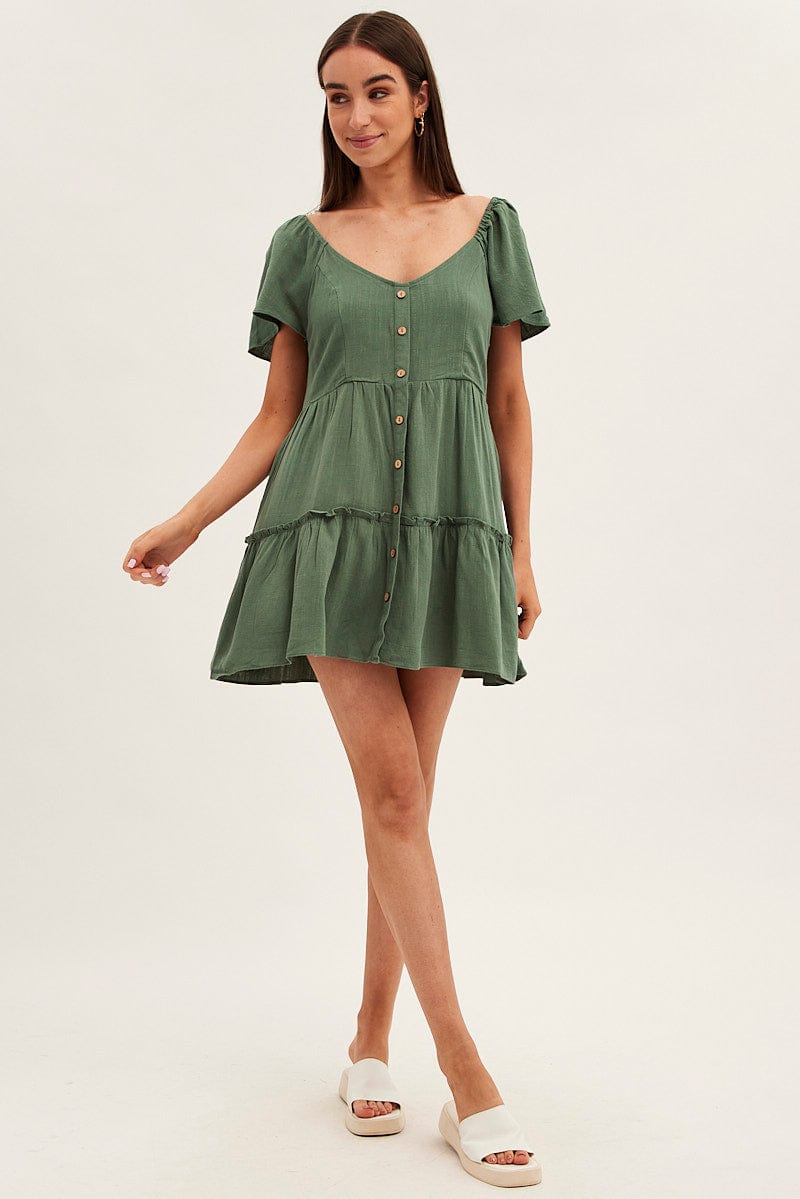 Green Dress Square Neck Short Sleeve Tiered Button Front for Ally Fashion