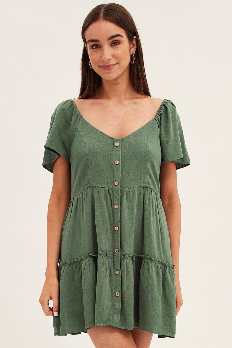 Green Dress Square Neck Short Sleeve Tiered Button Front for Ally Fashion