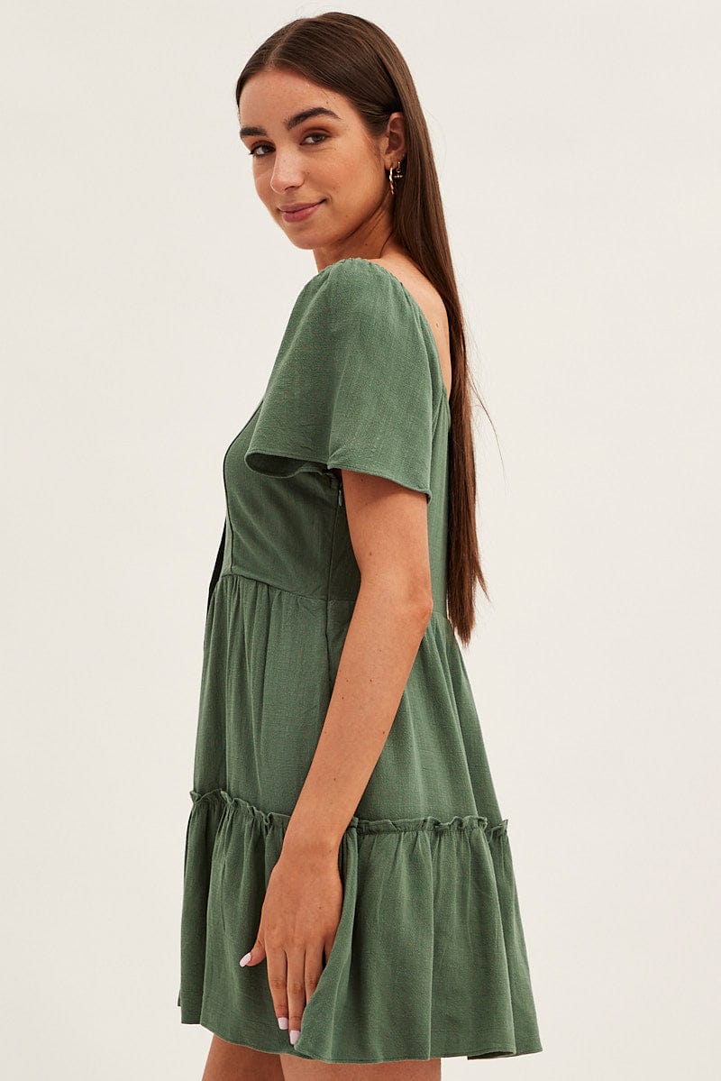 Green Dress Square Neck Short Sleeve Tiered Button Front for Ally Fashion