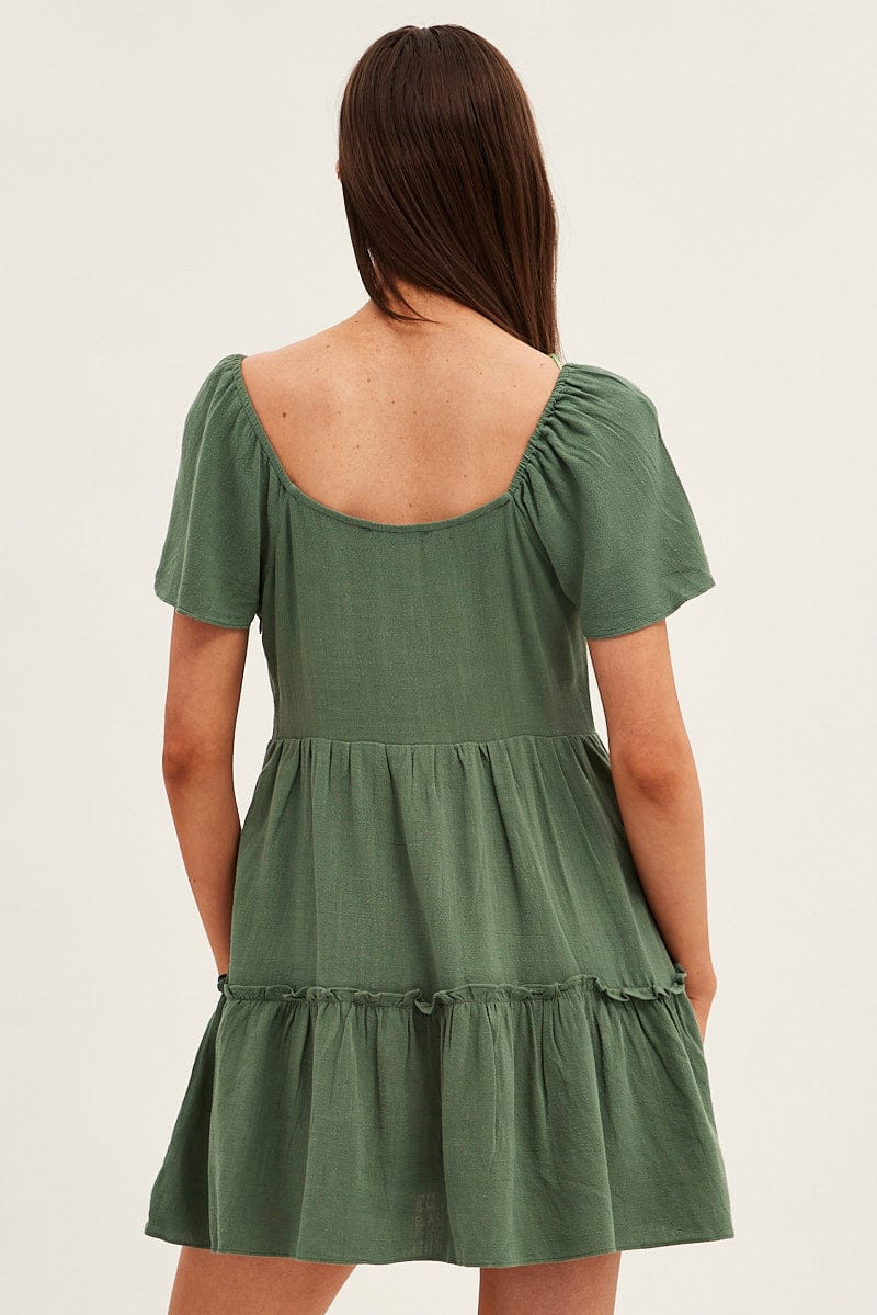 Green Dress Square Neck Short Sleeve Tiered Button Front for Ally Fashion