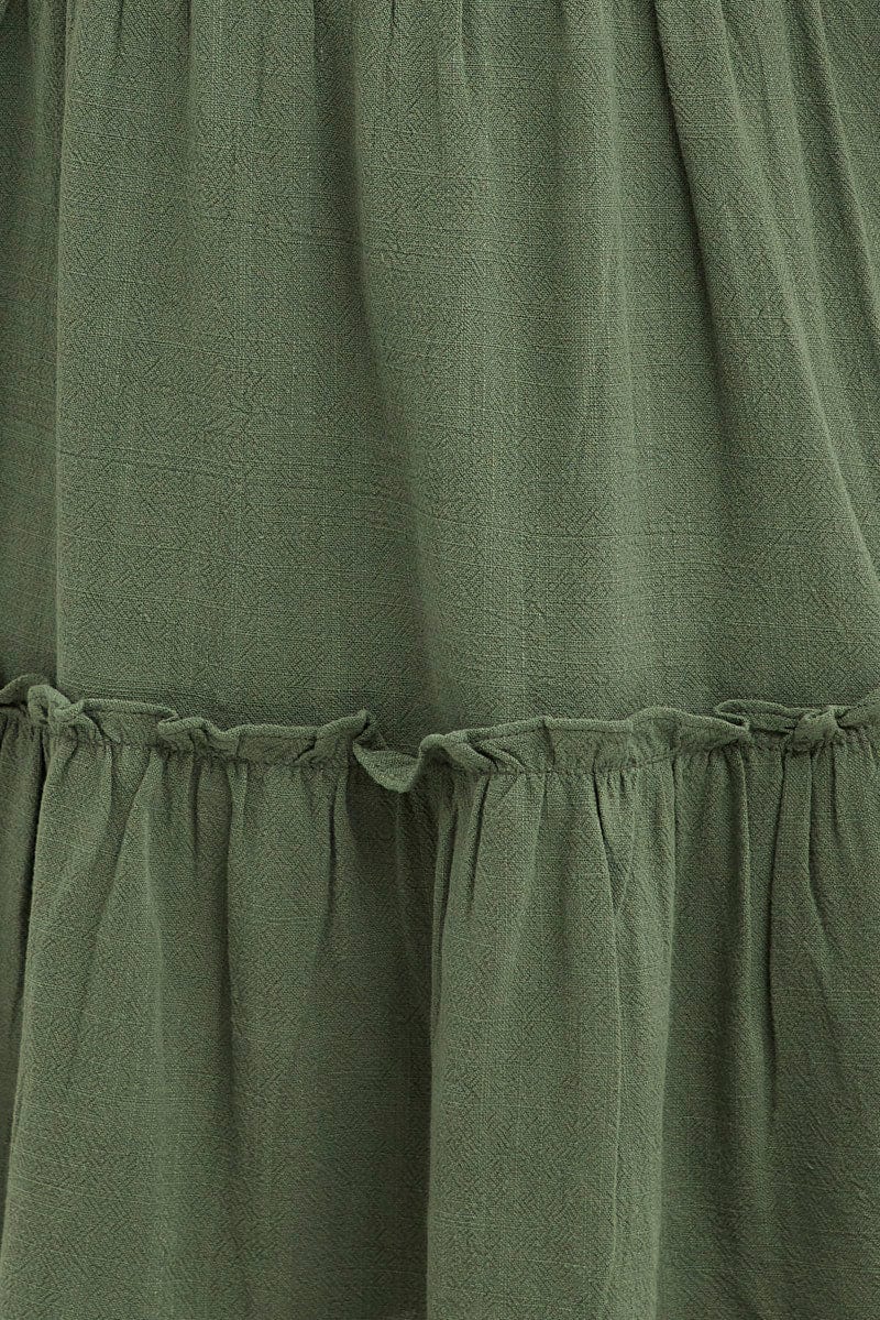 Green Dress Square Neck Short Sleeve Tiered Button Front for Ally Fashion